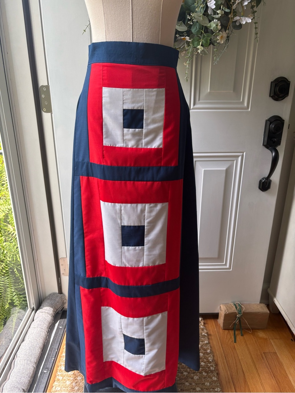 Unique Vintage 100% Cotton Geometric Paneled Maxi Skirt in Navy, Red & White